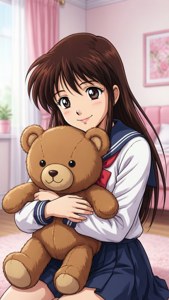 穿著校服的動漫女孩在粉紅色房間裡抱著一隻泰迪熊。 — 純愛房東俏房客 壁紙