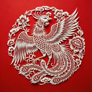 一隻白色紙雕鳳凰，被花朵環繞，背景為紅色。 — 中文 壁紙