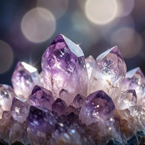 一簇閃閃發光的紫水晶晶體，帶有柔和發光的背景光。 — 靈性動圖 壁紙