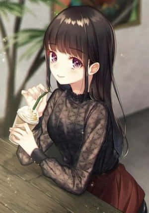 紫眼動漫女孩在舒適咖啡館的木桌上啜飲冰咖啡。 — 動漫風景美圖 壁紙