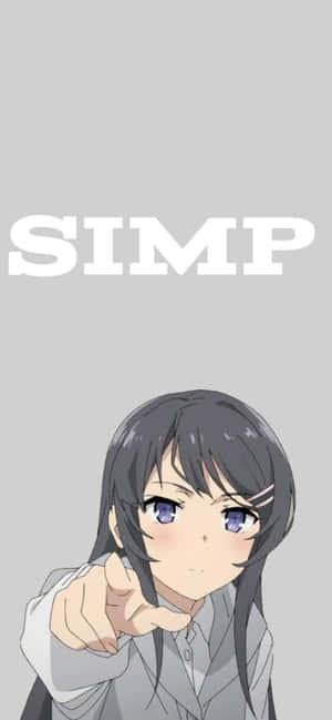 穿灰色西裝的動漫女孩用手指指向觀眾，上方有粗體白色文字「SIMP」。 — iPhone 15 Pro 壁紙