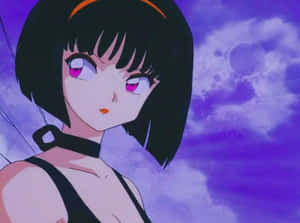 紫色天空背景下，黑色鮑伯頭粉紅眼睛的動漫女孩。 — 動漫惡魔 壁紙