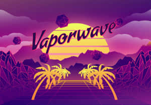 紫色天空下的蒸氣波日落，配以霓虹棕櫚樹和幾何山脈。 — 蒸氣波 壁紙