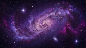 一個旋轉的紫色和藍色螺旋星系，充滿了恆星和宇宙塵埃。 — 紫色 壁紙