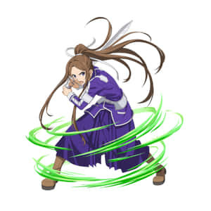 紫色服裝的動漫女孩揮舞著劍，綠色能量在她周圍旋轉。 — 瑟夏·羅南 壁紙