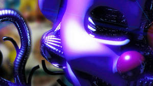 紫色機器人，在黑暗場景中帶有發光的眼睛和觸手。 — Enhypen 美學 壁紙