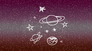 紫色漸層太空場景，白色輪廓行星和星星。