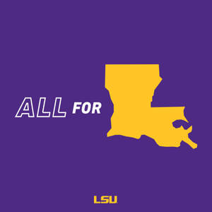 紫色背景上帶有「ALL FOR」和「LSU」文字的黃色路易斯安那州輪廓。 — LSU 壁紙