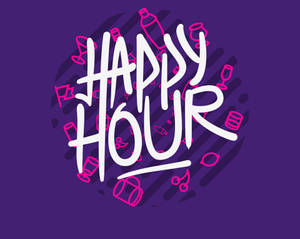 紫色背景上帶有飲品圖示的Happy Hour圖案。 — 5:4 壁紙