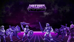 Masters of the Universe動作人偶在紫色星空下，於發光網格上擺出姿勢。 — 霓虹紫 壁紙