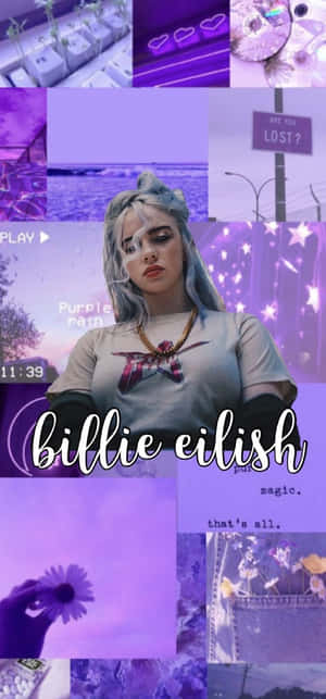紫色調的拼貼， featuring Billie Eilish，帶有文字疊加和美學元素。 — iPhone 11 壁紙
