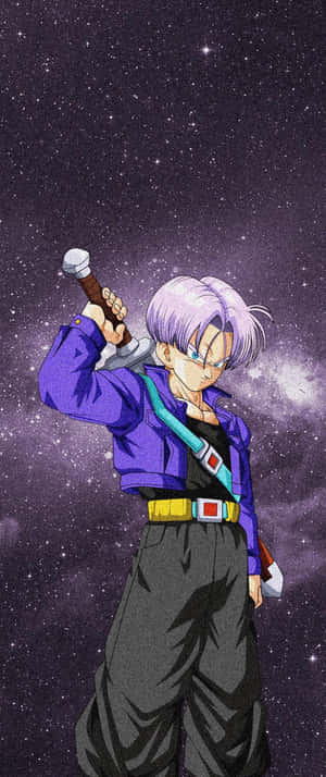 紫色頭髮的動漫戰士在星空太空背景下持劍。 — Galaxy Z Flip 6 壁紙