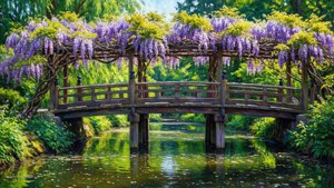木橋上覆蓋著紫藤花，橫跨在花園中一個平靜的綠色池塘上。 — 克勞德·莫內 壁紙