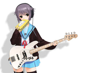 穿著校服的動漫女孩拿著面紙盒，戴著耳機彈奏白色低音吉他。 — 櫻島麻衣 壁紙