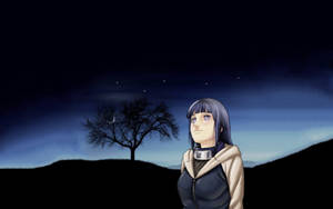 紫髮動漫女孩在星空下，旁邊是禿樹。 — 夜空 壁紙