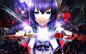 紫髮動漫少女在破碎的都市小巷中手持發光的劍。 — 混沌武士 壁紙