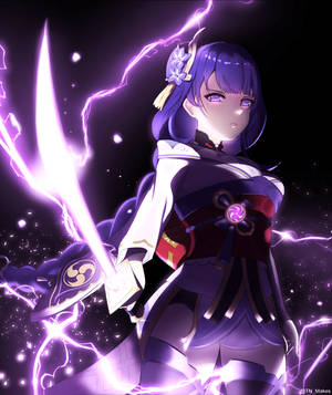 紫髮動漫少女在太空中揮舞著發光劍，周圍電閃雷鳴。 — Galaxy Z Fold 壁紙