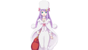 紫髮動漫少女穿著白色冬季服裝，拿著紅色包包。 — 春野櫻 壁紙
