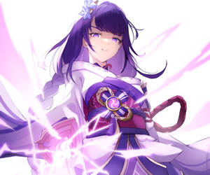 紫髮動漫少女揮舞著發光的閃電武器。 — 美麗的動畫 壁紙