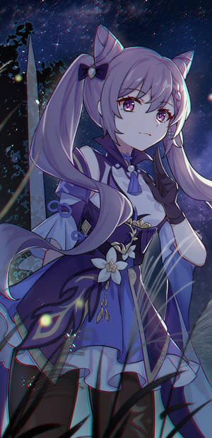 紫髮貓耳動漫少女在星空下手持發光劍。 — 原神 壁紙