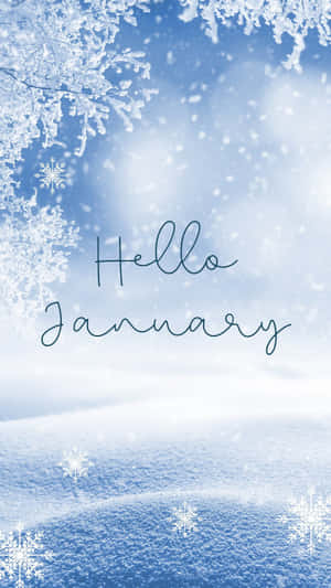 結霜的冬季場景，帶有雪花和 Hello January 文字。 — 新年快樂 壁紙