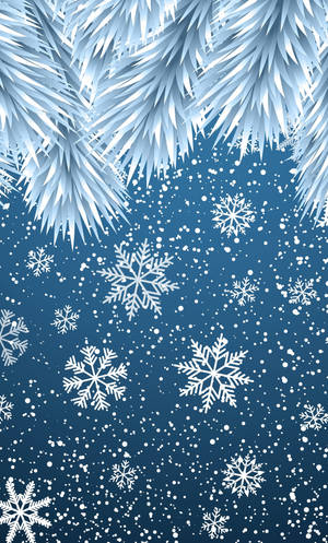 結霜的松樹枝條與飄落的雪花，映襯著藍色的冬日天空。 — 插畫 iPhone 壁紙