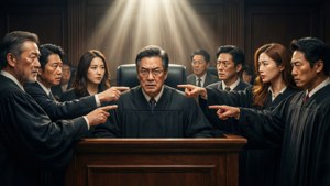 法庭上的法官和律師在聚光燈下指責中央法官。 — 槍彈辯駁 壁紙