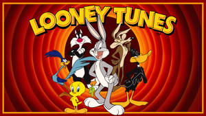 經典卡通風格的 Looney Tunes 角色在旋轉的紅色背景上。 — 樂一通 壁紙