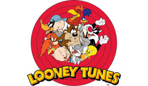 Looney Tunes 卡通人物在紅色圓形標誌中，帶有粗體黃色文字。 — 樂一通 壁紙
