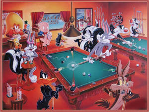 Looney Tunes 角色在熱鬧的酒吧場景中打撞球。 — 樂一通 壁紙