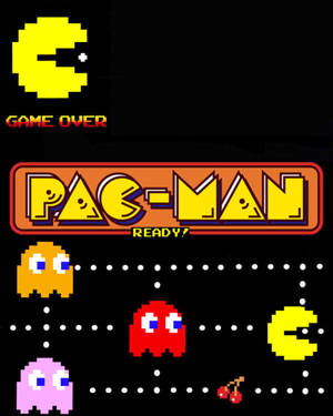 Pac-Man 遊戲結束畫面，鬼魂和櫻桃在黑色背景上。 — 電玩遊戲 GIF 壁紙