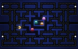 Pacman 在發光藍色迷宮中追逐鬼魂 — 電玩遊戲 GIF 壁紙
