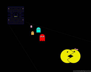 黃色 Pacman 在黑色背景的發光迷宮中追逐四個鬼魂。 — 電玩遊戲 GIF 壁紙