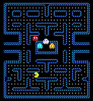 來自復古電子遊戲的藍色迷宮中的 Pacman 和四個鬼魂。 — 榮耀Magic V 壁紙
