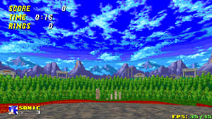 Sonic遊戲場景，有山脈、綠色灌木和藍天HUD元素 — 音速小子 壁紙