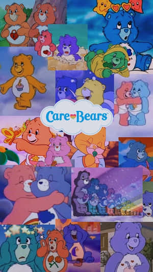 一張Care Bears角色在色彩繽紛的動畫場景中展現愛與友誼的拼貼畫。 — 熊 GIF 壁紙