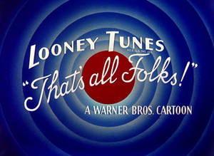 Looney Tunes結束標誌，帶有旋轉的藍色背景和紅點。 — 樂一通 壁紙