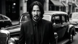 身穿黑色西裝的男子站在城市街道上的復古汽車前。 — 基努·李維 壁紙