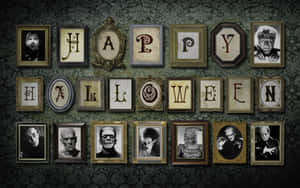 帶有裱框經典恐怖電影怪物拼出 Happy Halloween 的壁紙。 — 萬聖節恐怖 壁紙