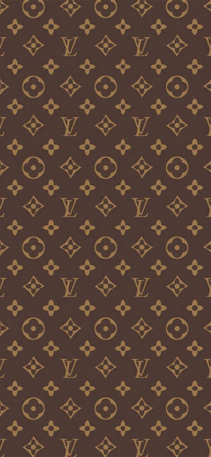 棕色 Louis Vuitton 字母組合圖案壁紙，帶有重複標誌和花卉設計。