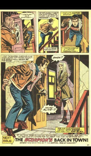 彼得·帕克驚慌地跑下樓梯，關·史黛西站在門口，表情驚訝。 — Galaxy Tab A 壁紙