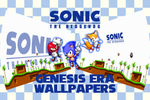 索尼克、塔爾斯和納克魯斯在像素化遊戲場景中，帶有「Genesis Era Wallpapers」文字。 — 酷炫遊戲 壁紙