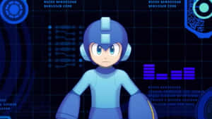 藍色機器人角色Mega Man在數位控制面板前。 — 洛克人 壁紙