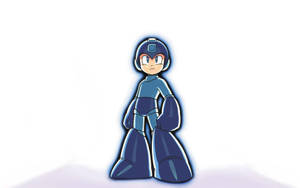 藍色裝甲機器人角色 Mega Man 站立，表情堅定。
