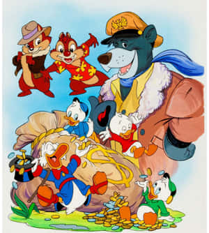 迪士尼角色 Chip Dale 和一隻熊用一個巨大的錢袋慶祝。 — 小米 Mix Fold 4 壁紙