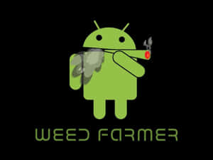 綠色Android吉祥物吸食大麻，帶有煙霧和下方文字。 — 大笑 壁紙