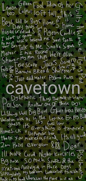 綠色像素化背景，帶有白色手寫的 Cavetown 歌曲標題和歌詞。 — 洞穴 壁紙