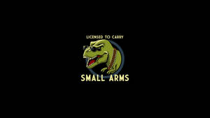 卡通T-Rex戴太陽眼鏡和子彈帶，文字「Licensed to Carry Small Arms」。 — 可愛的恐龍 壁紙