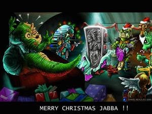 Jabba the Hutt與外星朋友和禮物一起慶祝聖誕節。 — 星際大戰 壁紙
