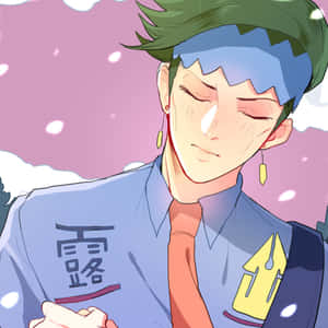 綠色頭髮、藍色頭帶的動漫男孩在飄落的櫻花下微笑。 — iPad Pro 12.9 壁紙